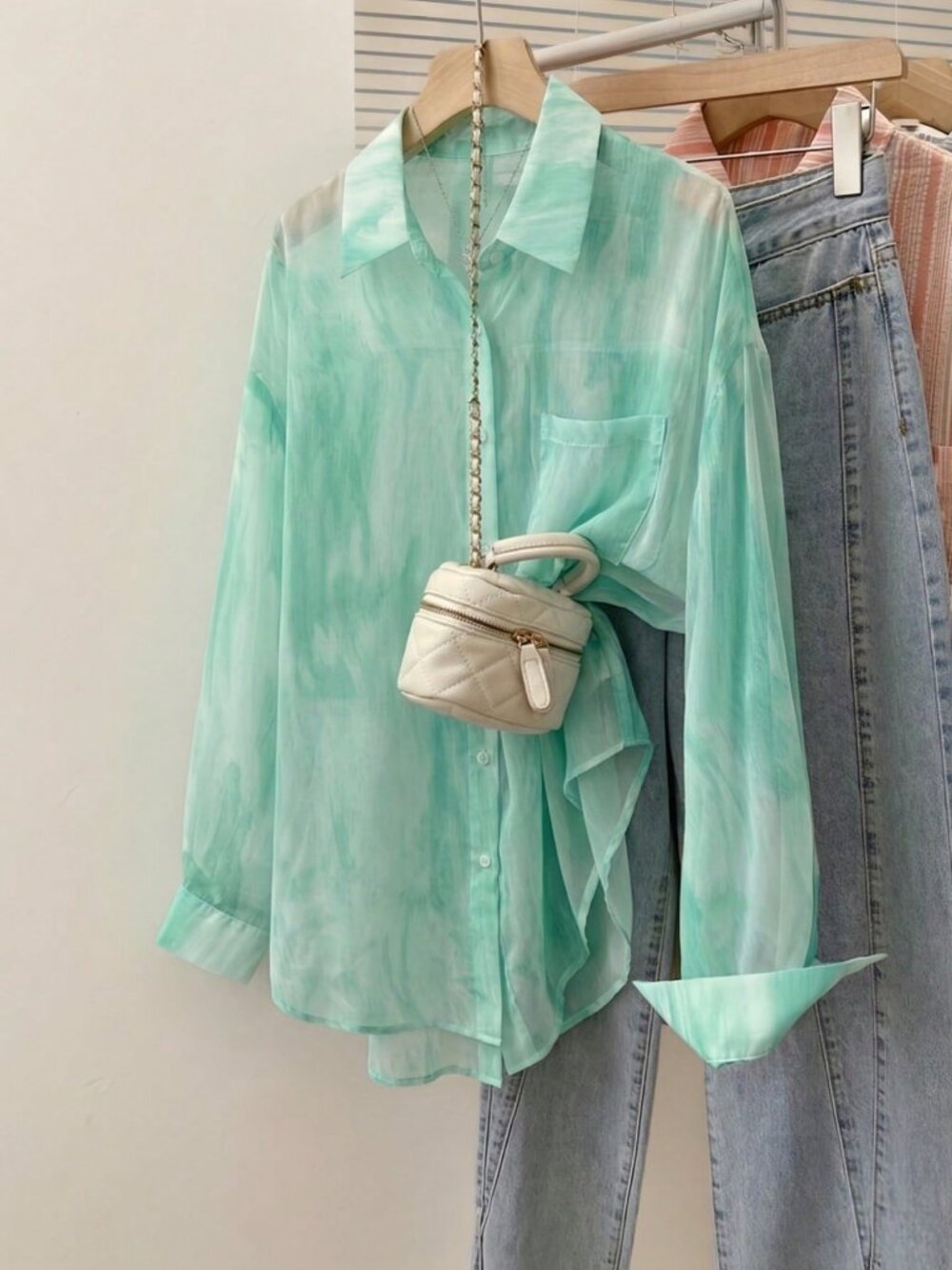 Mint Green Casual Loose Women's Yuxin Tie-Dye Lapel Collar Sleeve Jacket